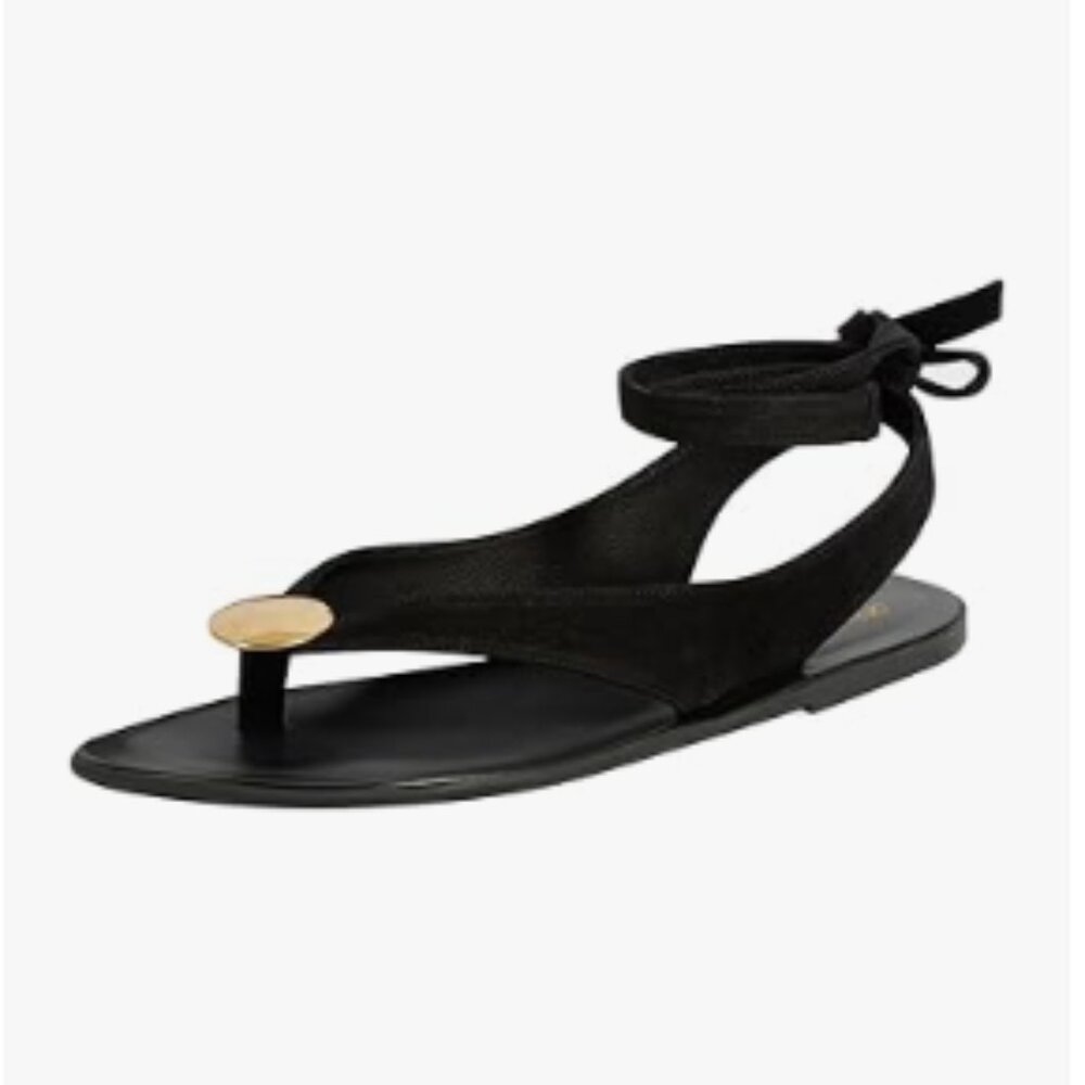 FOWT Women Split Round Toe Sandals Lace up Strappy  Flats Casual Black Flip Flop